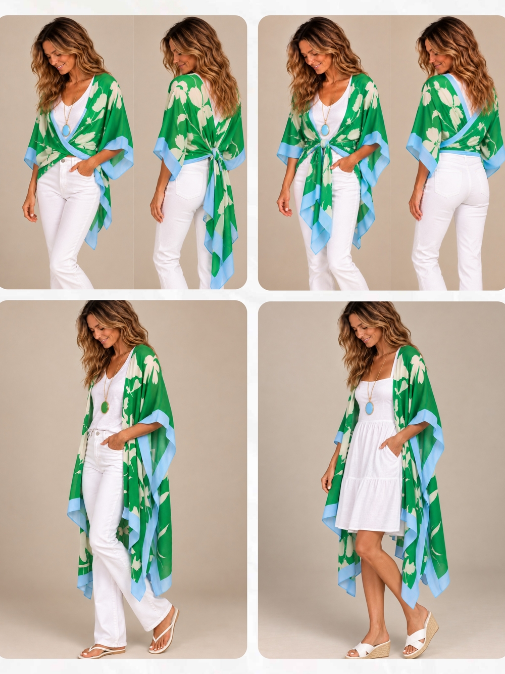 Kimono, Green, White Floral Design, with Light Blue Border. Nordstrom Size OS Nw